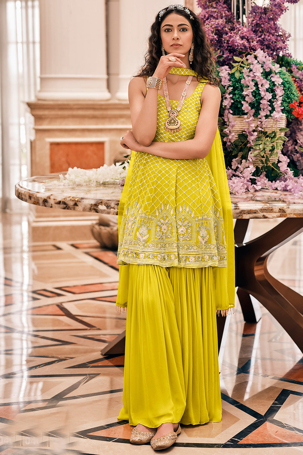 Exclusive Yellow & Green Georgette Sharara Suit With Dupatta